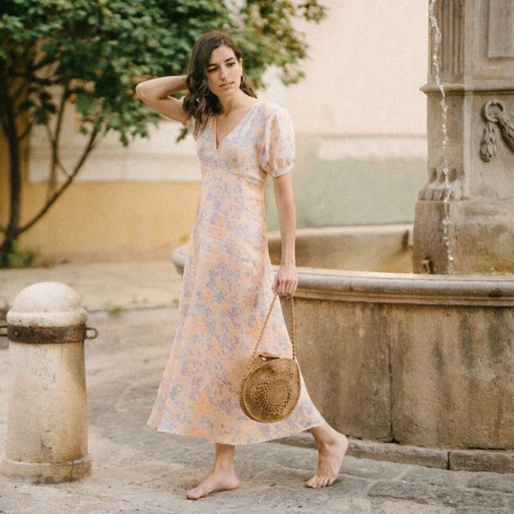 Rouje Linette Dress in Peach FR34 (XS) Pastel Pink Cream Blue Satin Maxi French - Picture 4 of 16